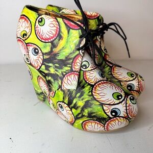 Rare Iron Fist Horror Zombie Eyeball Wedge Lace Up Booties Halloween Pin Up Goth